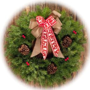 Red Christmas Pattern And Brown Ribbon Wreath from Wreath Montana